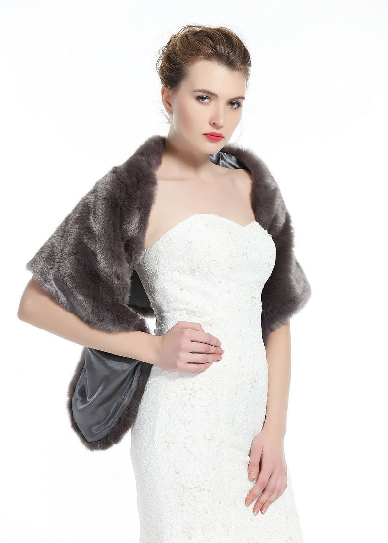 [Australia] - Wedding Faux fur Shawl For Women Bridal Cape Cover Up Party Gown Wrap Winter Stone Gray 