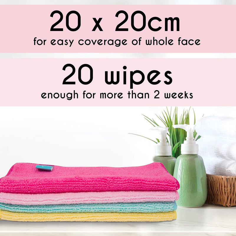 [Australia] - 20 x Microfibre Makeup Remover Wipes with Laundry Bag by Green Face Co | Reusable Soft Facial Cloths for Beauty Routine | Great Make Up Removing Towel or Cleansing Cloth 