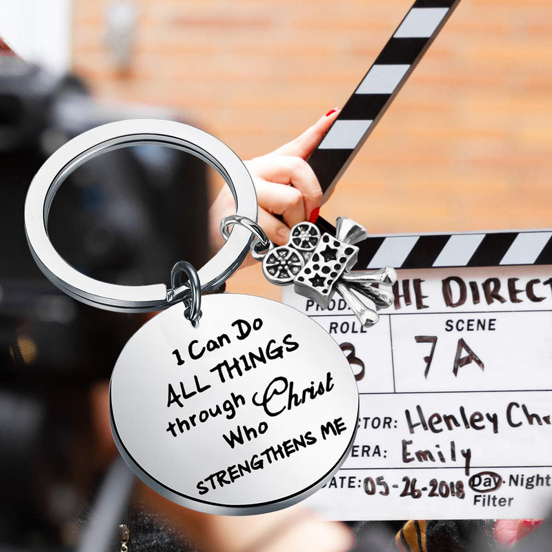 [Australia] - LQRI Movie Camera Keychain Film Director Gift Filmmaker Gift Film Student Graduation Gift I Can Do All Things Through Christ Who Strengthens Me Film Keyring Gift sliver 