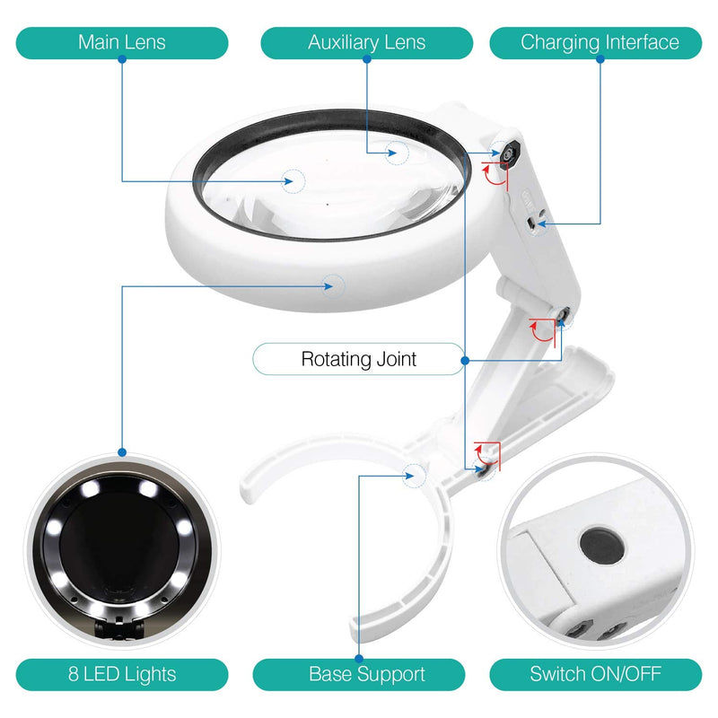 [Australia] - Magnifying Glass with 8 LED Lights, Handsfree Magnifier, [5X+11X] Dual Magnification Lens, Gentle & Bright Light Settings- Ideal for Reading Books, Jewlery, Coins, Craft & Hobbies… 