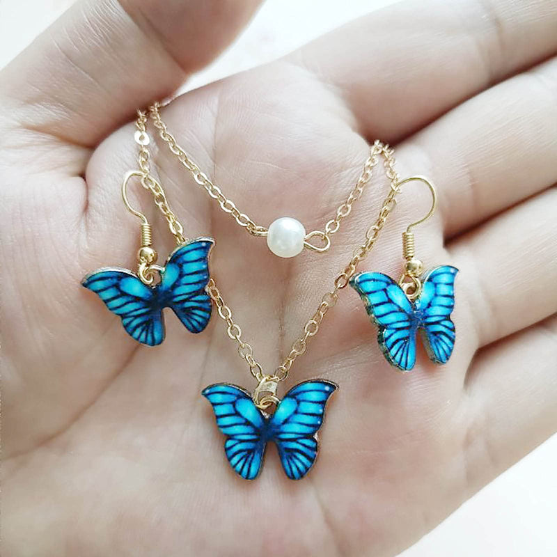 [Australia] - Vangelady Butterfly Necklace Earrings Set Faux Pearl Pendant Double Chain Jewelry for Women Girls Teens Gold Plated 