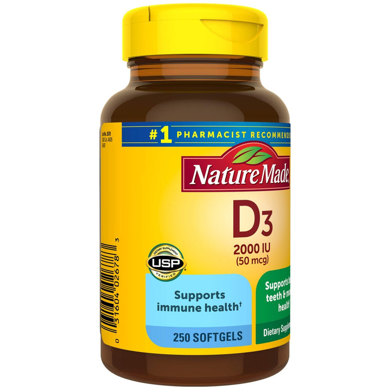 [Australia] - Nature Made Vitamin D3, 250 Softgels, Vitamin D 2000 IU (50 mcg) Helps Support Immune Health, Strong Bones and Teeth, & Muscle Function, 250% of the Daily Value for Vitamin D in One Daily Softgel 250 Count (Pack of 1) 