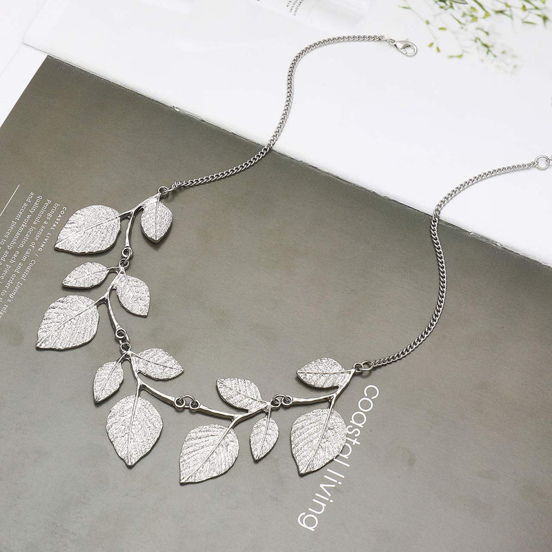 [Australia] - CENAPOG Bohemian Glitter Leaf Collar Necklace for Women Girls Plant Hammered Necklace Chunky Tree Life Choker Necklace Vintage Bib Necklace Silver 