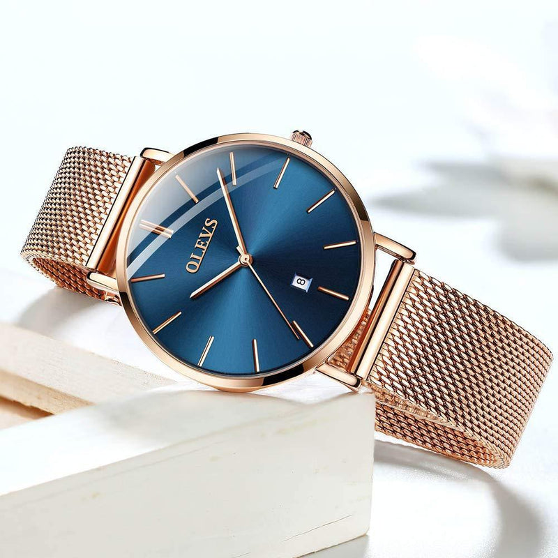 [Australia] - OLEVS Ladies Watch 6.5mm Ultra Thin Mesh Strap Waterproof Japanese Quartz Fashion Dress Date Women Wrist Watch Blue 