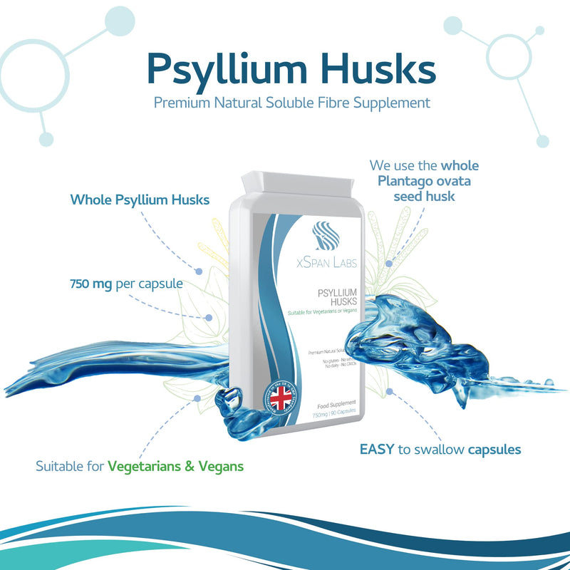 [Australia] - Psyllium Husks 750mg 90 Capsules - All Natural Soluble Fibre Supplement - Great for Digestion, Keto Diets and complementing Bio-Culture Supplements� Manufactured in The UK 
