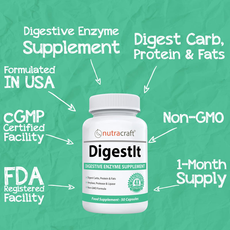 [Australia] - DigestIt Digestive Enzymes | Multi-Enzyme Formula with Amylase, Protease & Lipase | Increase Energy & Reduce Gas, Bloating & Indigestion | Non-GMO | 50 Capsules 