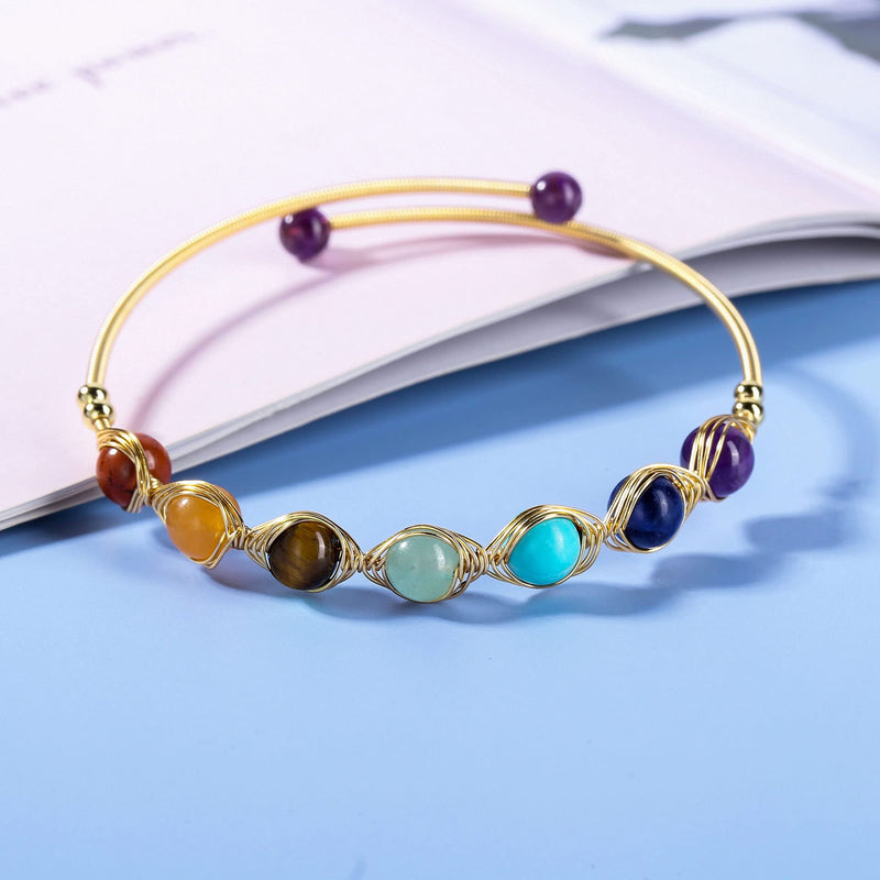 [Australia] - JSDDE 14K Gold Crystal Bangle Cuff Bracelet Healing Energy Gemstones Bead Open Bangle Bracelets Jewelry for Women 7 Chakra Crystals 