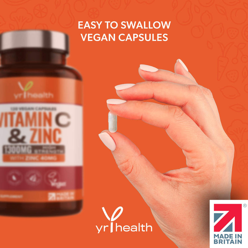 [Australia] - Vitamin C 1300mg and Zinc 40mg High Strength - VIT C and Zinc for Maintenance of Normal Immune System - 120 Vegan Capsules not Tablets - 2 per Daily Serving - Made in The UK by YrHealth 