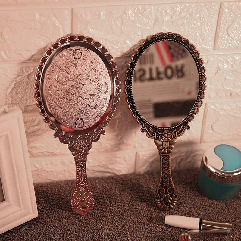 [Australia] - AKOAK 1 Pack Creative Retro Pattern Handle Makeup Mirror Portable Carry-on Lace Mirror Hand-held Mirror Makeup Tool (Rose Gold) Rose Gold 
