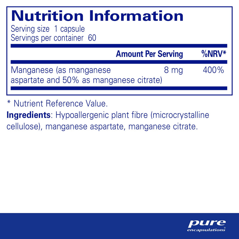 [Australia] - Pure Encapsulations - Manganese 8mg - Highly Bioavailable Essential Trace Mineral Manganese Supplement - 60 Vegetarian Capsules 