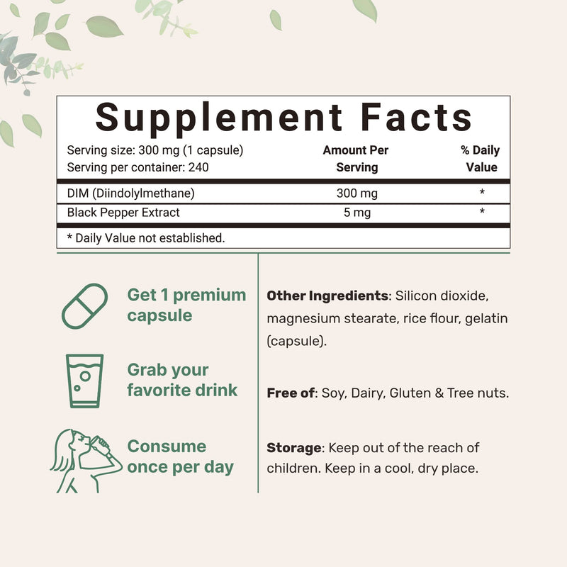 [Australia] - DIM Active Supplement, DIM 300mg, 240 Capsules (8 Months Supply), 2 in 1 Formula, Estrogen Metabolism, Premium DIM-Plus Broccoli Extract Supplement with Black Pepper for Better Absorption 240 Count (Pack of 1) 