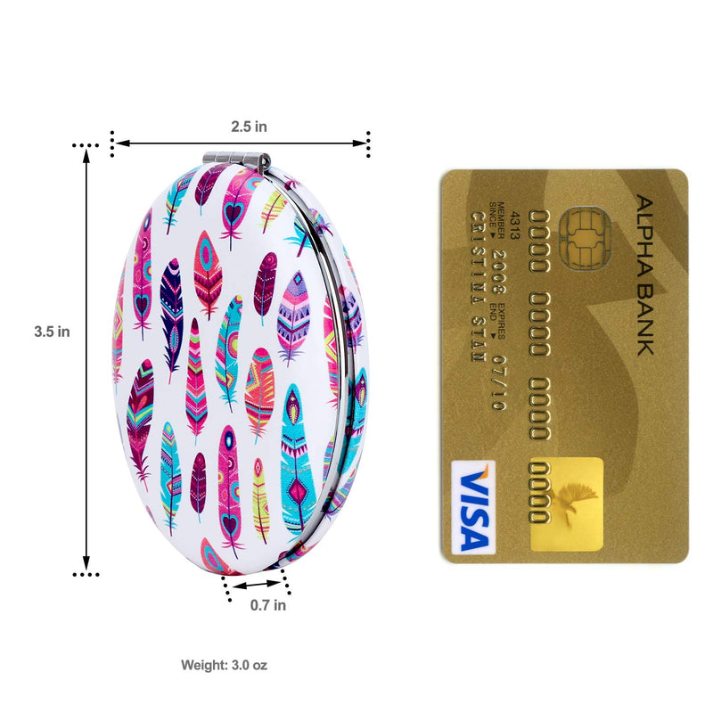 [Australia] - Shatterproof Compact Mirror for Women and Girls, Unique Travel Makeup Mirrors, Portable Double-Sided Oval Mirror with Distortion Free, Feather Pattern 