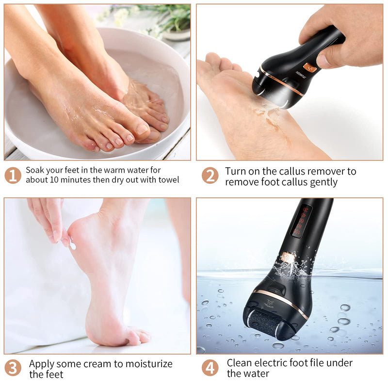 [Australia] - Electric Callus Remover for Feet, JTLMEEN Rechargeable Foot Scrubber Pedicure Tools, Professional Waterproof Foot File with Adjustable Speed Remove Cracked Callus Hard Skin, 2 Roller Heads (Black) Black 