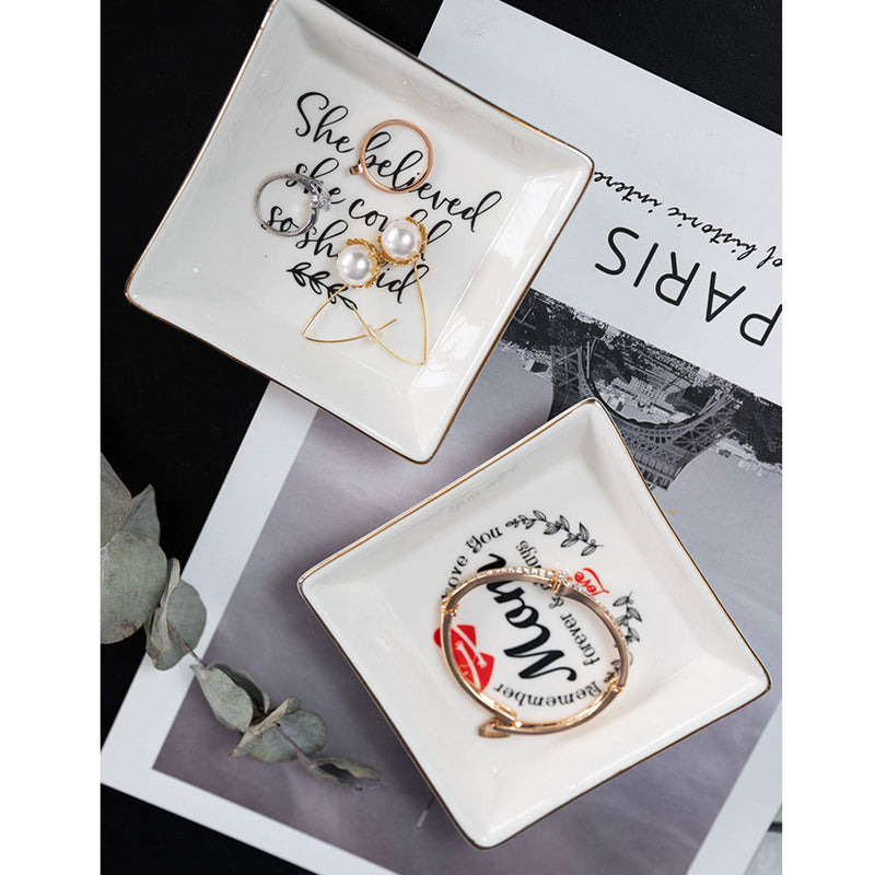 [Australia] - MJartoria Ceramic Jewelry Dish Tray, Square Ring Tray for Jewelry, Trinket Tray with Lettered Jewelry Dish Holder Decor Gifts for Her (She Believed She Could So She Did) White-believe 