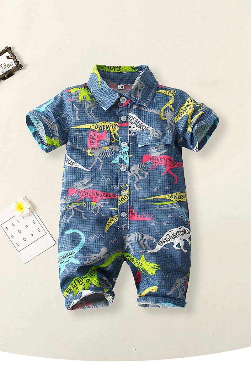 [Australia] - KMBANGI Infant Baby Boy Dinosaur Jumpsuit Short Sleeve Button-Down Shirt One Piece Romper Jumpsuit Summer Outfit Blue 0-6 Months 