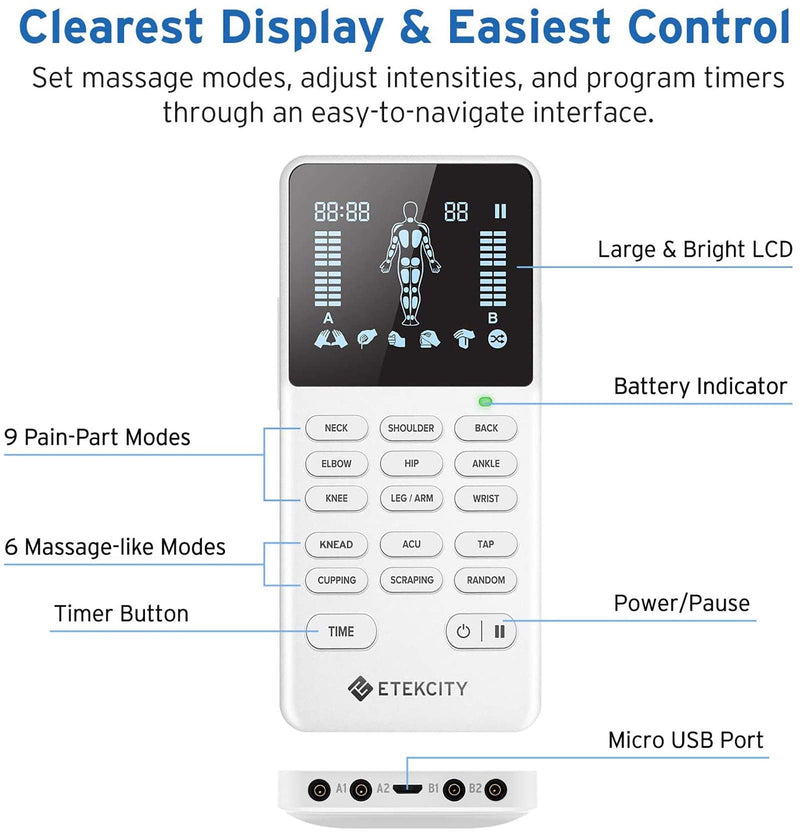 [Australia] - Etekcity TENS Unit Muscle Stimulator Machine Multi-Modes for Pain Relief, FSA HSA Approved Products, FDA Cleared 4 Channels Rechargeable Electric Pulse Massager, 8 Electrode Pads, OTC Electrotherapy 