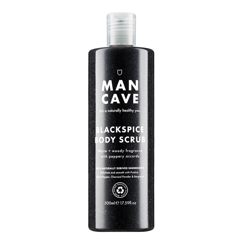 [Australia] - ManCave Blackspice Body Scrub 500ml for Men, Warm & Woody Aroma, Exfoliate & Cleanse Skin with Pumice and Charcoal Powder Scrub, Natural Formulation, Vegan Friendly, Made in England 