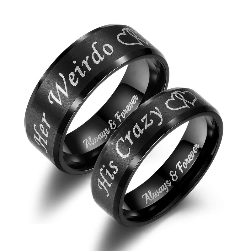 [Australia] - LAVUMO His Crazy Her Weirdo Heart Rings for Couples Always and Forever Matching Promise Rings Black Wedding Bands Sets for Him and Her Stainless Steel Comfort Fit Men Size 10 & Women Size 10 