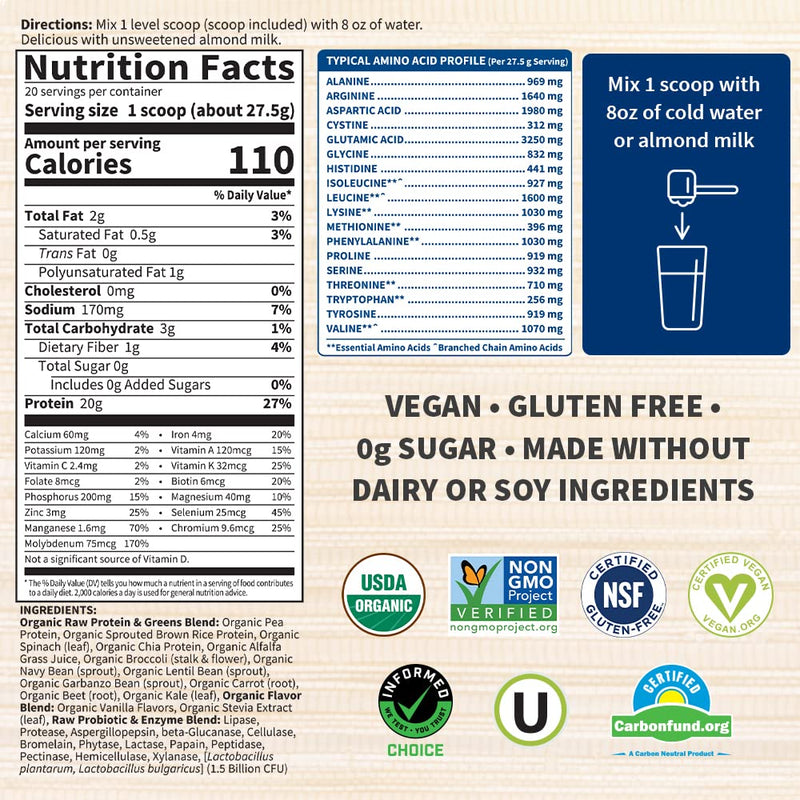 [Australia] - Garden of Life Raw Organic Protein & Greens - Vanilla - Vegan Protein Powder for Women and Men, Plant Protein, Pea Protein, Greens & Probiotics - Dairy Free, Gluten Free Low Carb Shake, 20 Servings 20 Servings (Pack of 1) 
