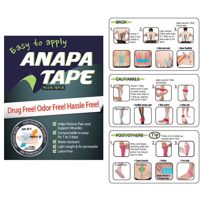 [Australia] - Anapa Kinesiology Tape for Athletes, Water Resistant, Reduce Pain and Injury Discovery Muscle Support Adhesive for Knee, Shoulder, Elbow Therapeutic Cotton Roll Made in Korea 1.96" X 16.4 ft 
