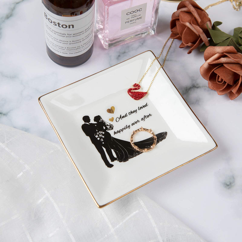 [Australia] - Kaidouma Wedding Engagement Gift for Bride or Couple Ring Trinket Dish Ceramic Decorative Jewelry Plate Valentine Anniversary Christmas Gifts for Women - and They Loved Happily Ever After 