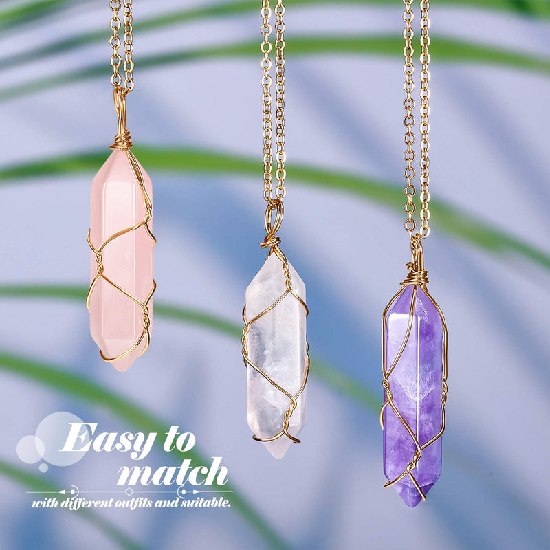 [Australia] - Yaomiao 3 Pieces Crystal Necklaces, Quartz Pendant Energy Healing Crystal Necklace Natural Hexagonal Gemstone Pendant for Women Girls Light Color with Gold Wire 