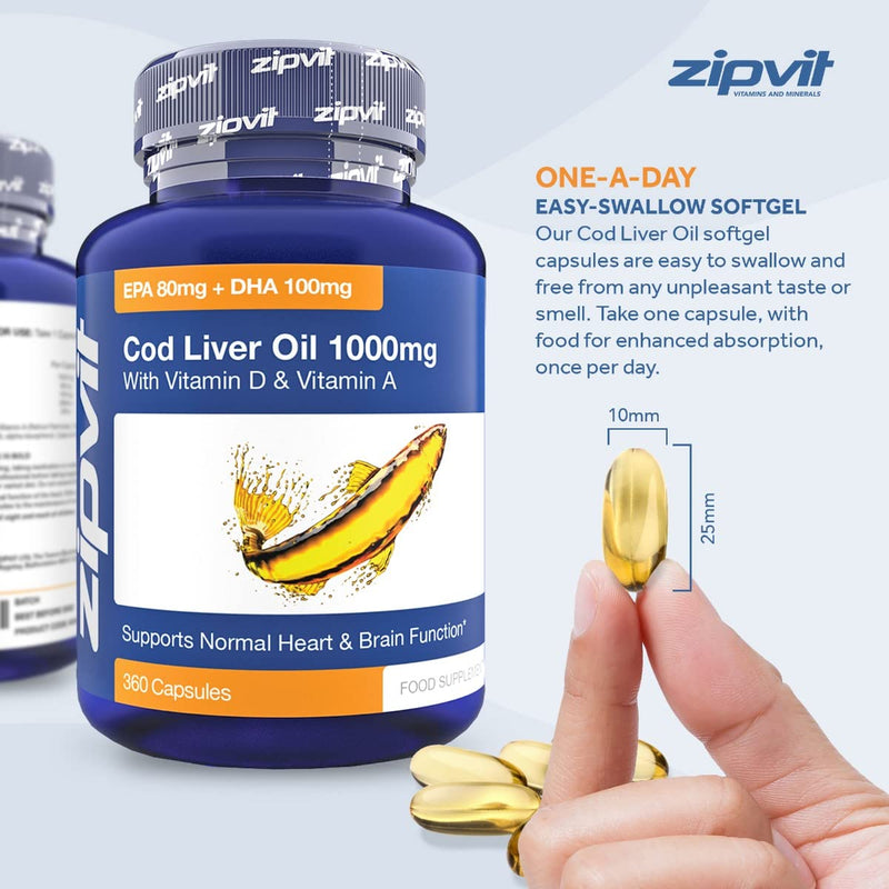 [Australia] - Cod Liver Oil 1000mg, 360 Capsules of High Strength Fish Oil, Rich in Omega 3. Supports Heart Health, Brain Health, Eye Health and Normal Blood Pressure 