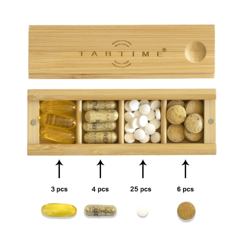 [Australia] - TabTime Bamboo Small Daily Pill Box, 4 Compartment Tablet Organiser, Perfect for Pills and Supplements 