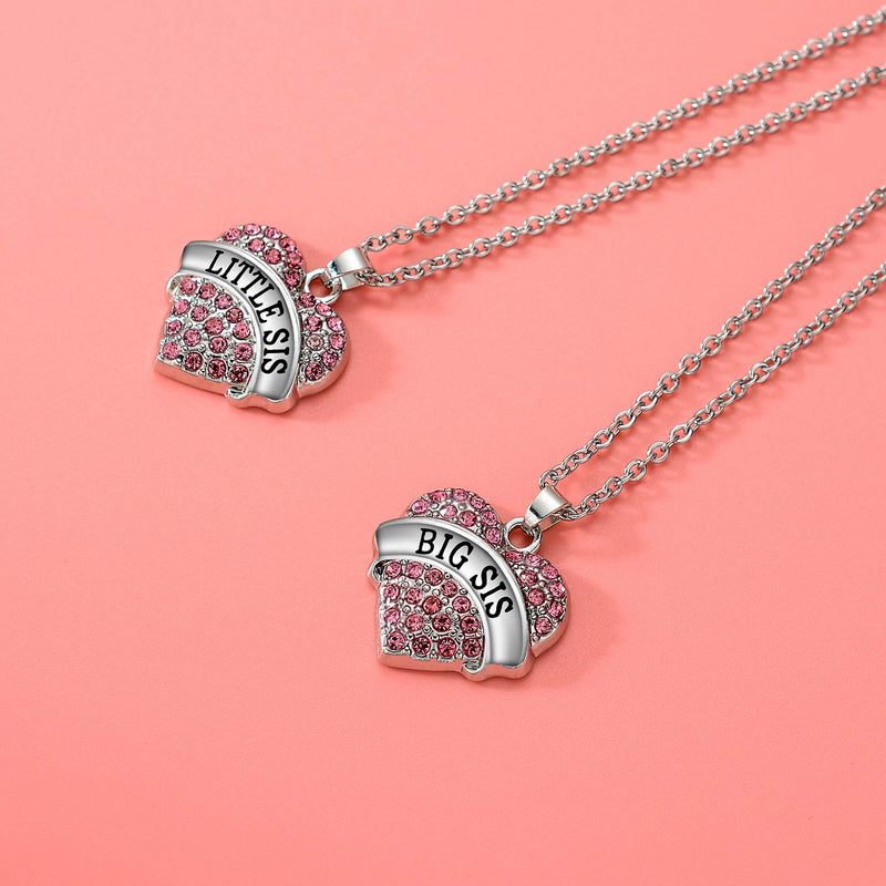 [Australia] - Big Sister Little Sister Necklace Set Big Sis Little Sis Matching Jewelry Girls Crystal Heart Pendant Necklace Pink Big Sis & Little Sis 