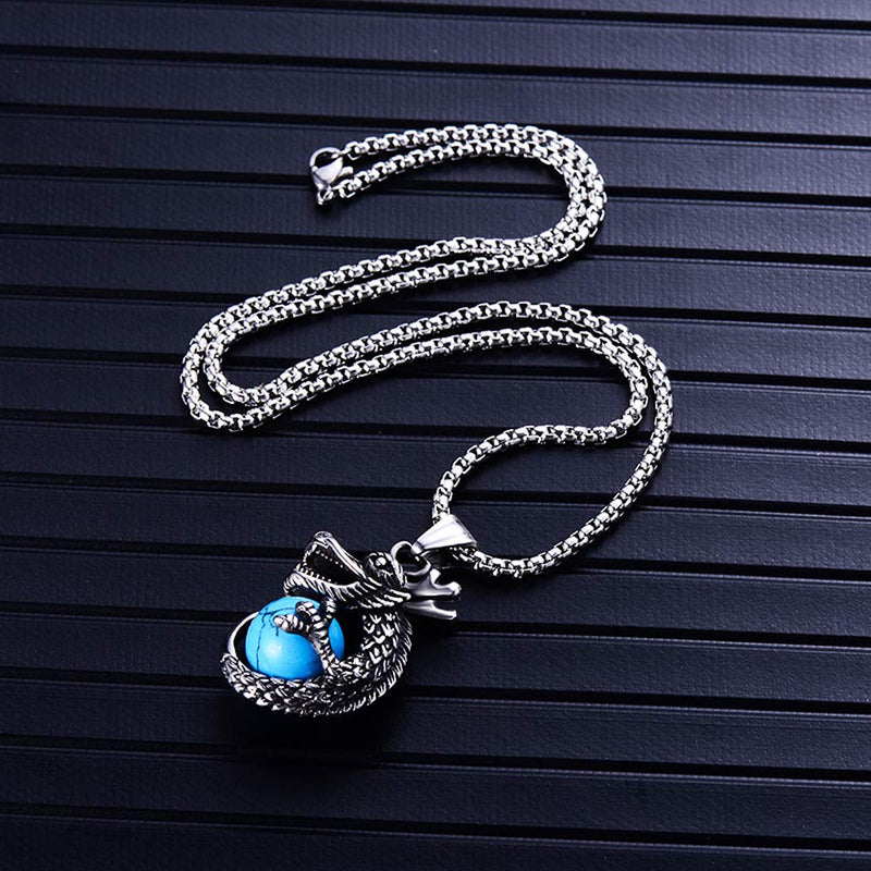 [Australia] - Heavstjer Punk Rock Stainless Steel Dragon Pendant Crystal Ball Necklace,24inches Link Chain Steel Dragon/Blue Crystal Ball 