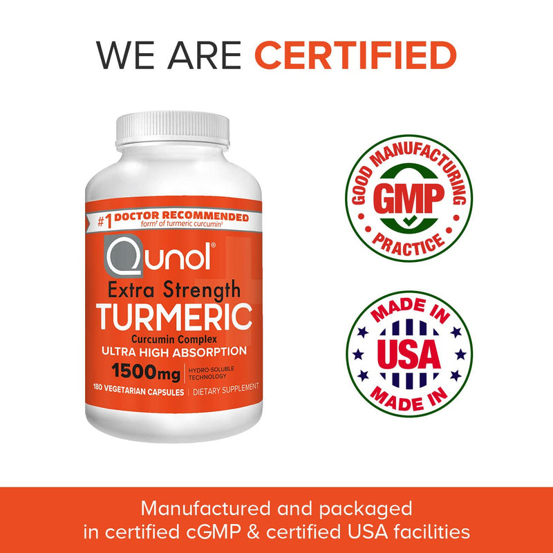 [Australia] - Turmeric Curcumin Capsules, Qunol 1500mg Extra Strength Supplement, Patented Hydro-Soluble Technology, Alternative to Turmeric Curcumin with Black Pepper, 180 Veggie Capsules 180 Count (Pack of 1) 