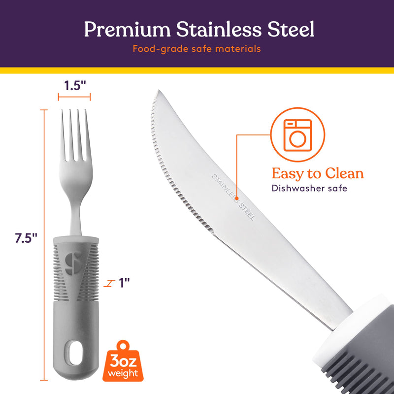 [Australia] - Special Supplies Adaptive Utensils (5-Piece Kitchen Set) Wide, Non-Weighted, Non-Slip Handles for Hand Tremors, Arthritis, Parkinson’s or Elderly Use - Stainless Steel Knives, Fork, Spoons - Grey 