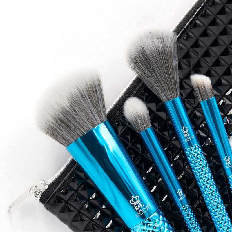 [Australia] - MODA Full Size Metallic Defining Detailers 5pc Makeup Brush Set with Pouch, Includes - Angle Blender, Diffuser, Crease and Triad Eye Brushes, Metallic Blue 