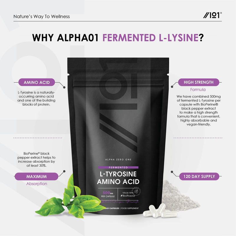 [Australia] - Fermented L-Tyrosine 500mg with BioPerine® - Essential Amino Acid Support – Made with BioPerine – Non GMO, Gluten Free, Halal – 120 Vegan Capsules 