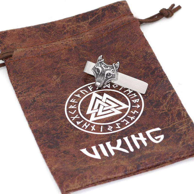 [Australia] - GuoShuang Stainless Steel Nordic Viking Norse Small Amulet Rune Wolf Head Tie Clips with Valknut Gift Bag 