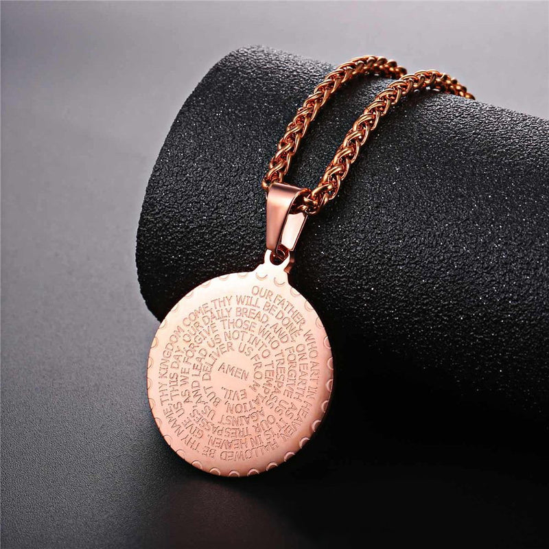 [Australia] - Bible Verse Prayer Necklace Free Chain Christian Jewelry Stainless Steel Praying Hands Coin Medal Pendant Rose Gold 
