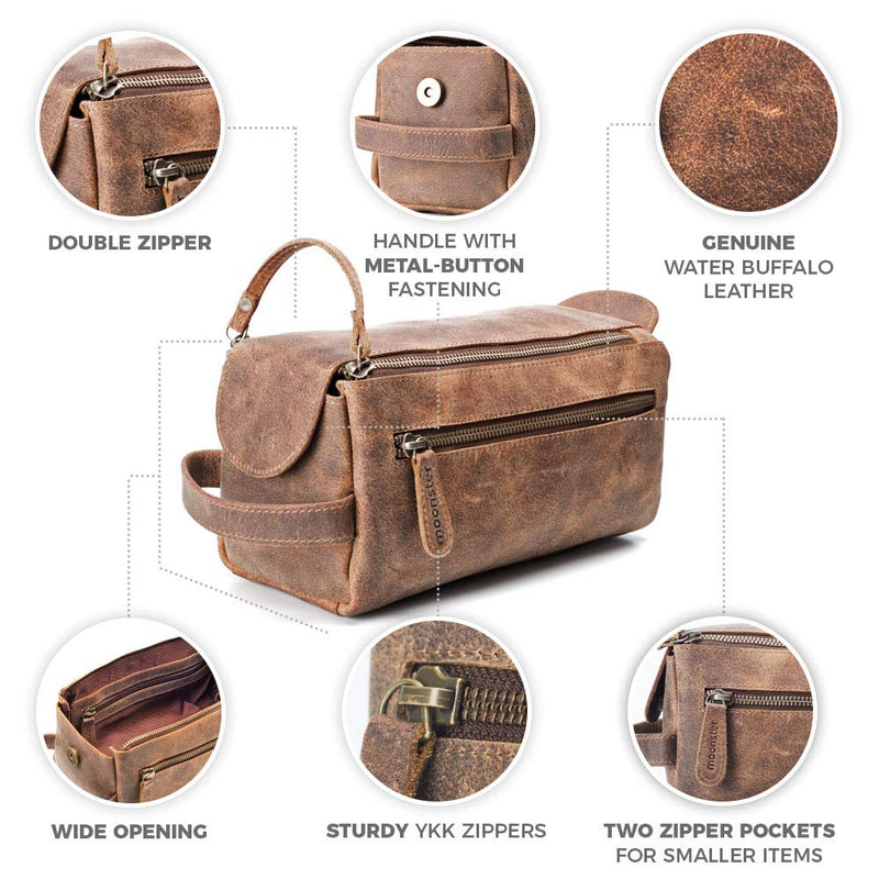 [Australia] - Leather Toiletry Bag for Men - Stylish, Practical and Thicker Than Other Bags - This Handmade Vintage Unisex Dopp Kit is Sturdy and Water Resistant - Store All Your Travel Toiletries in Style Medium Soft Brown 