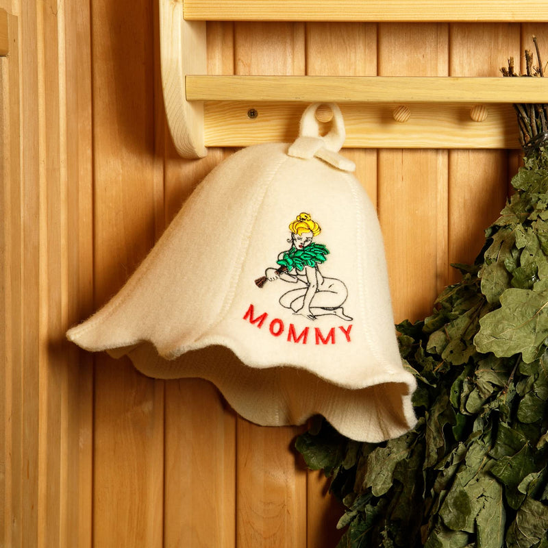 [Australia] - Natural Textile Sauna Hat 'Sauna Mommy' White - 100% Organic Wool Felt Hats for Russian Banya - Protect Your Head from Heat - English Sauna eBook Guide Included - with Embroidery 