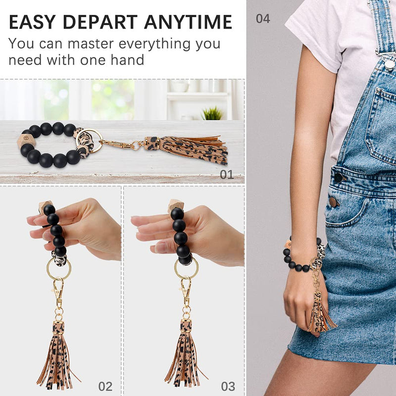 [Australia] - Doormoon Keychain Bracelet, Elastic Silicone Beads Wristlet Keys Ring with Tassel for Cars Key Keychains A-leopard 