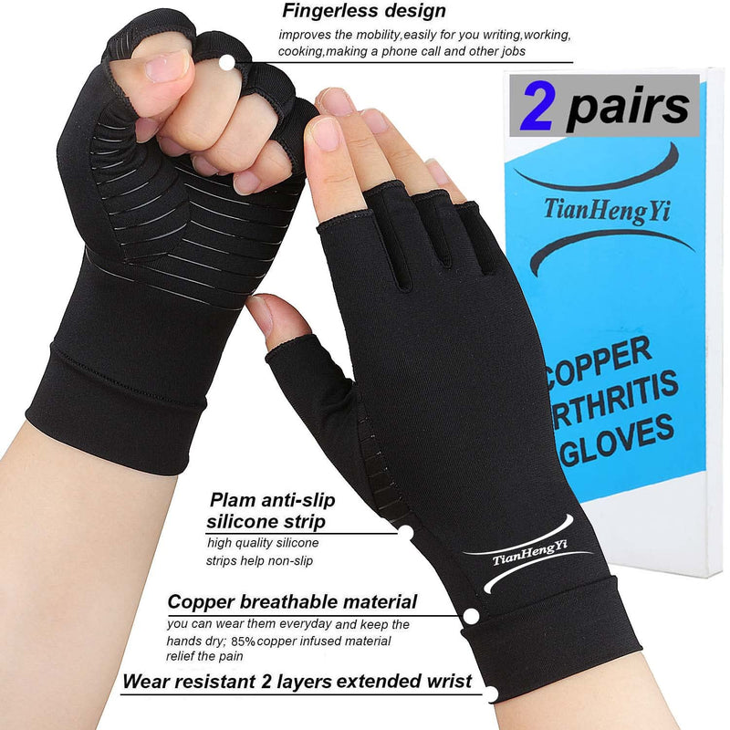 [Australia] - 2 Pairs Arthritis Gloves for Women and Men, Copper Infused Compression Gloves, Fingerless Hand Gloves for Carpal Tunnel, RSI Osteoarthritis, Joint Pain,Computer Typing, Hand Support (Black, Large) Black Large (Pack of 4) 