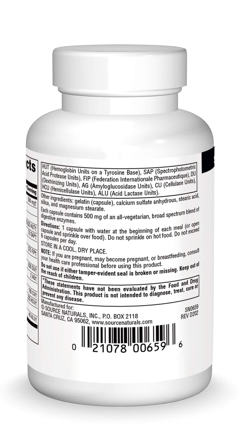 [Australia] - Source Naturals Essential Enzymes 500mg Bio-Aligned Multiple Enzyme Supplement Herbal Defense for Digestion, Gas, Constipation & Bloating Relief - Supports A Strong Immune System - 60 Capsules 