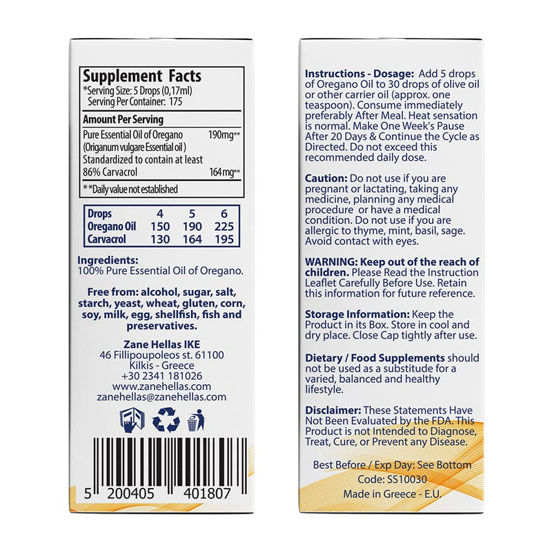 [Australia] - Zane Hellas 100% Undiluted Oregano Oil. Greek Essential Oil of Oregano .86% Min Carvacrol. 164 mg Carvacrol Per Serving. Probably The Best Oregano Oil in The World. 1 fl. oz.- 30 ml 