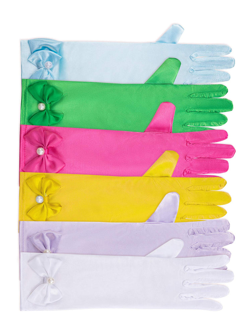 [Australia] - 6 Pairs Satin Gloves Princess Dress Up Bows Gloves Long Formal Gloves for Party Green, Rose Red, Lavender, Light Blue, Yellow and White 