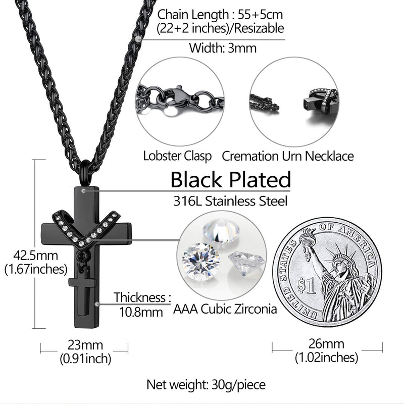 [Australia] - Richsteel Dog Tag/Cross/Heart/Pet Paw/Teardrop/Special Date Calendar Urn Pendant Necklace for Ashes for Men Women Personalized Cremation Jewelry Waterproof(with Gift Box) 02-Black Double Cross no personalized 