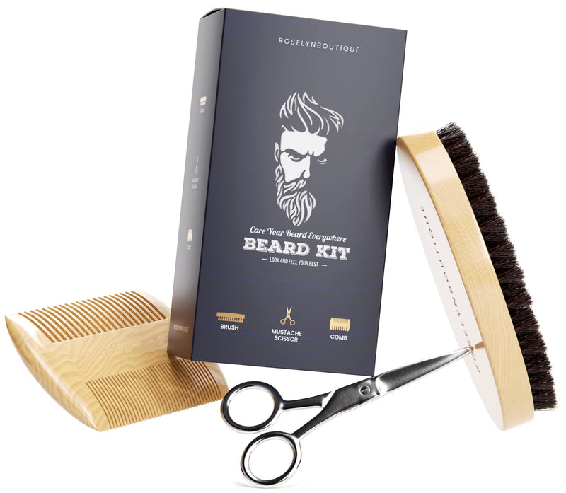 [Australia] - Beard Brush Set - Brush Comb Scissors with Storage Bag Beard Growth Care Gifts for Men 