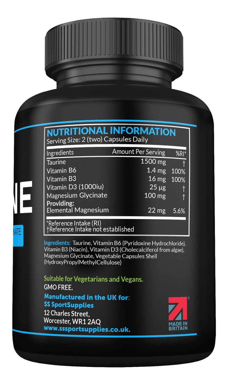 [Australia] - Taurine Supplement 1500mg Capsules Per Serving - Added Magnesium Glycinate, Vitamin B6, B3 and Vitamin D3-120 High Strength Taurine Capsules - (2 Capsules Per Serving) 
