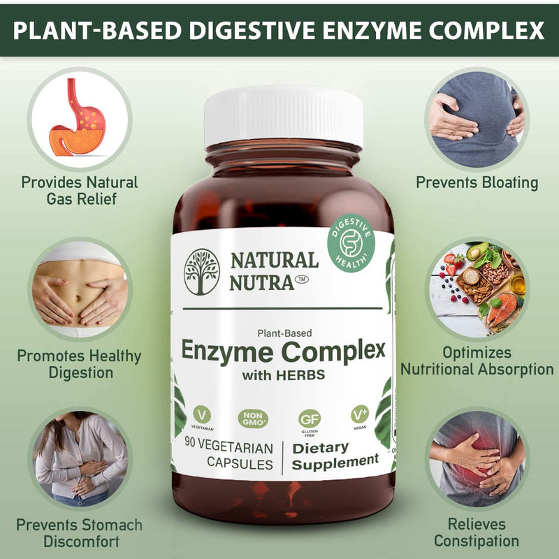 [Australia] - Natural Nutra Plant Based Digestive Enzyme Complex with Herbs, Prevents Stomach, Bloating and Gas Relief, Amylase, Bromelain, Lipase, Protease, Lactase, 90 Vegan Capsules 