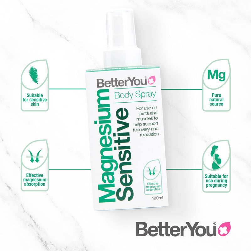 [Australia] - BetterYou Magnesium Sensitive Body Spray | Pure, Clean and Natural Source of Magnesium Chloride | Magnesium Spray | Vegan & Palm-Oil Free | 100ml (600 Sprays) Single 