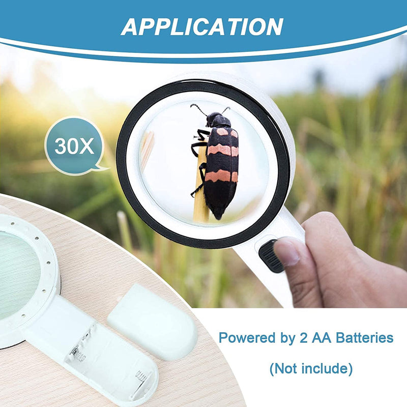 [Australia] - Magnifying Glass with 12 LED Lights, 30X Double Glass Lens Handheld Illuminated Magnifier Reading Magnifying Glass with for Seniors Read, Coins, Stamps, Map, Inspection, Macular Degeneration All White 