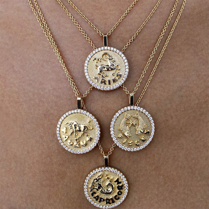 [Australia] - ACC PLANET Constellation Necklace Pendant 14K Gold-Plated Hammered Round Disc Engraved Zodiac Sign Pendant 16.9’’ Adjustable Dainty Necklace Gemini 